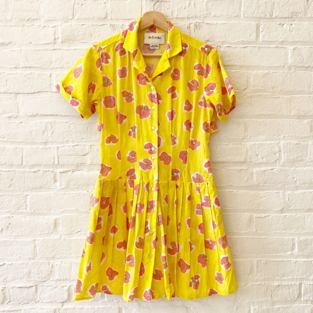 de‎ Loreta || Thalia Mini Dress Begonia Drop Waist Shirt Dress Floral Yellow XS